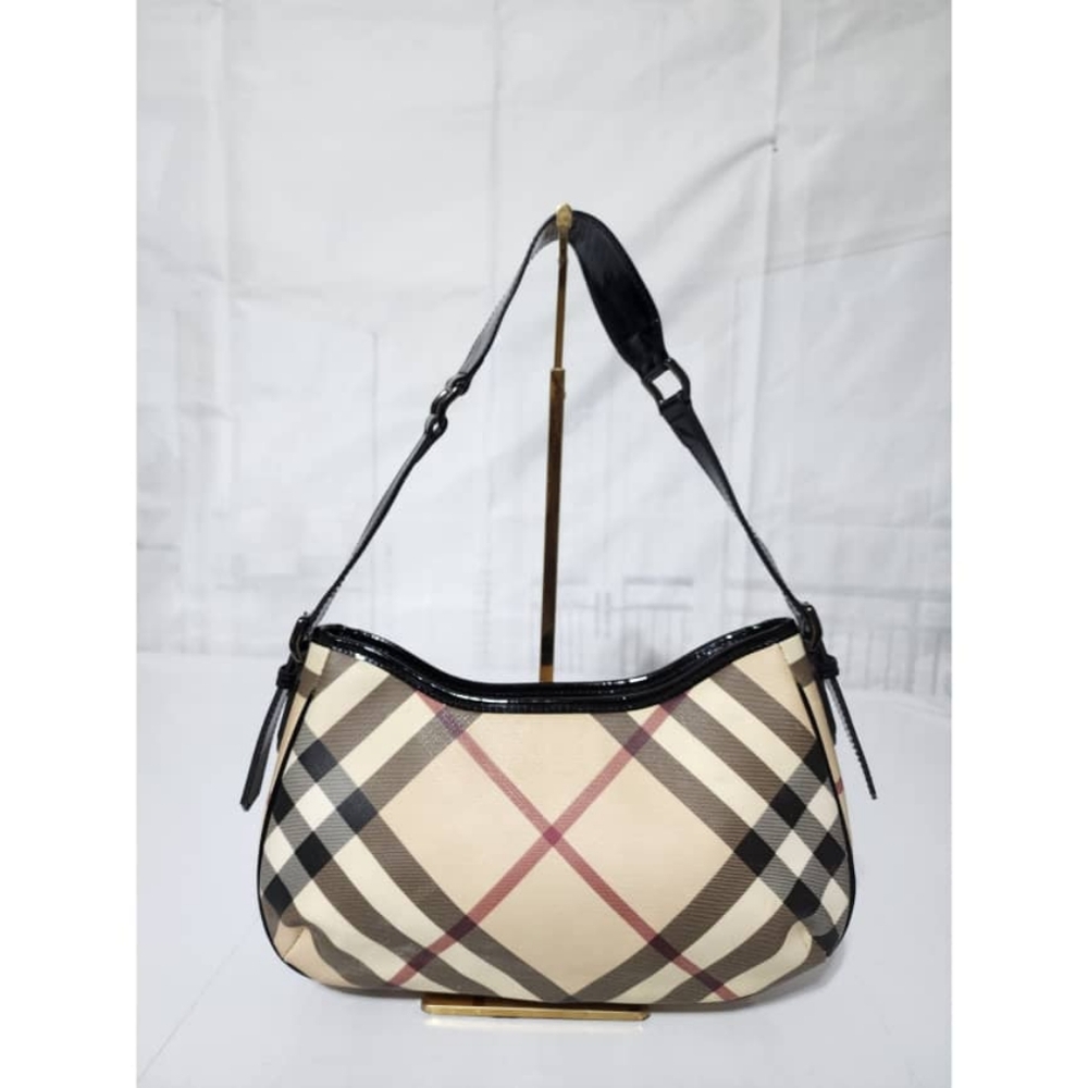 BURBERRY Nova Check Coated Canvas  Hobo Bag Beige/Black